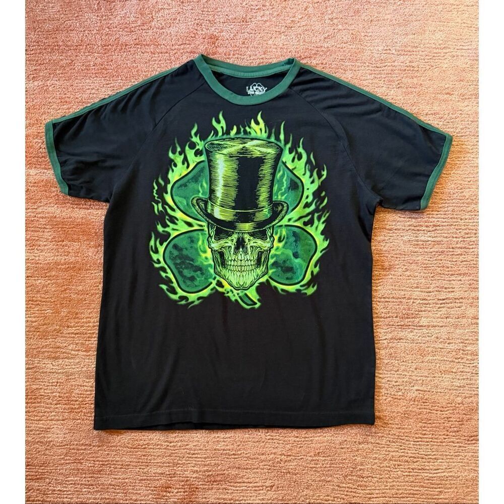 Lucky Tee Shirt Mens Black Green Skull Graphic T Shirt Size L